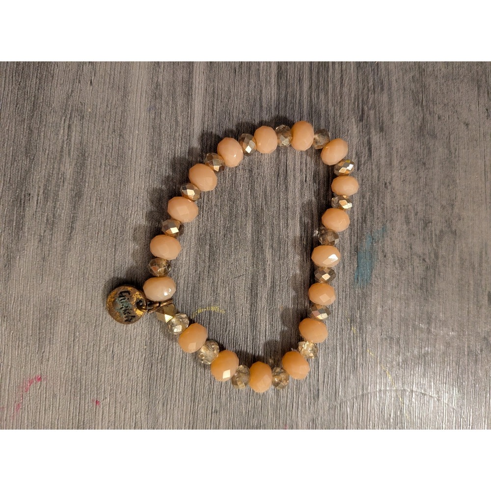 Gritly Beaded Stretch‎ Bracelet Peach Champagne Gold Tone Boho Stackable Charm